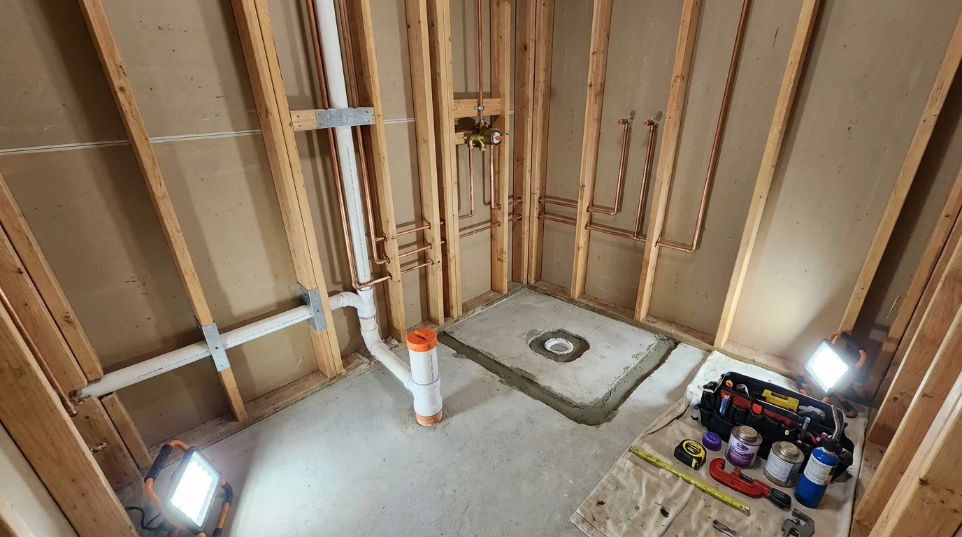 Bathroom rough-in plumbing during remodel by Johns Plumbing LLC in New Windsor
