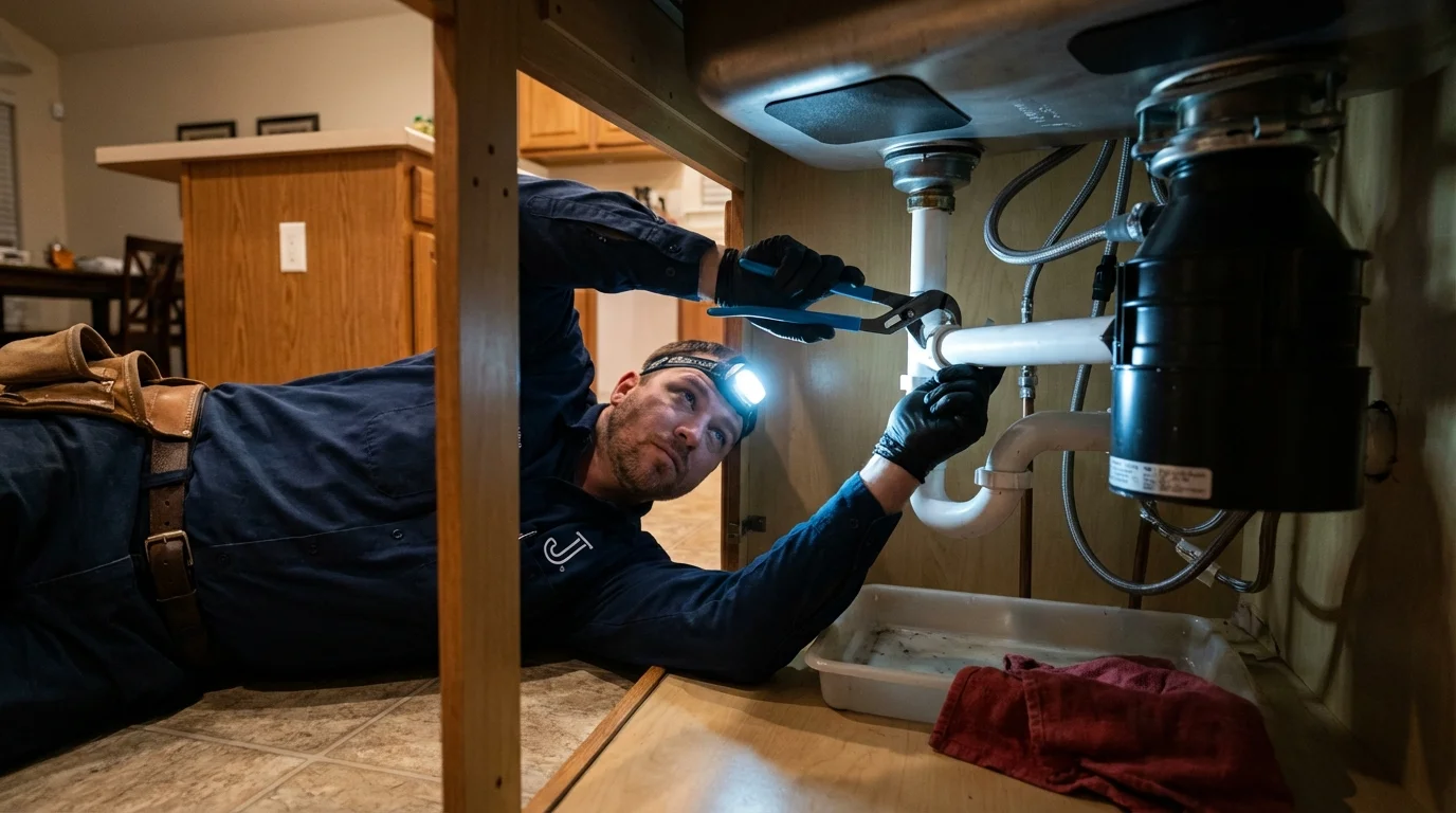 P-trap and supply line connections under a kitchen sink showing a common leak point in New Windsor, MD